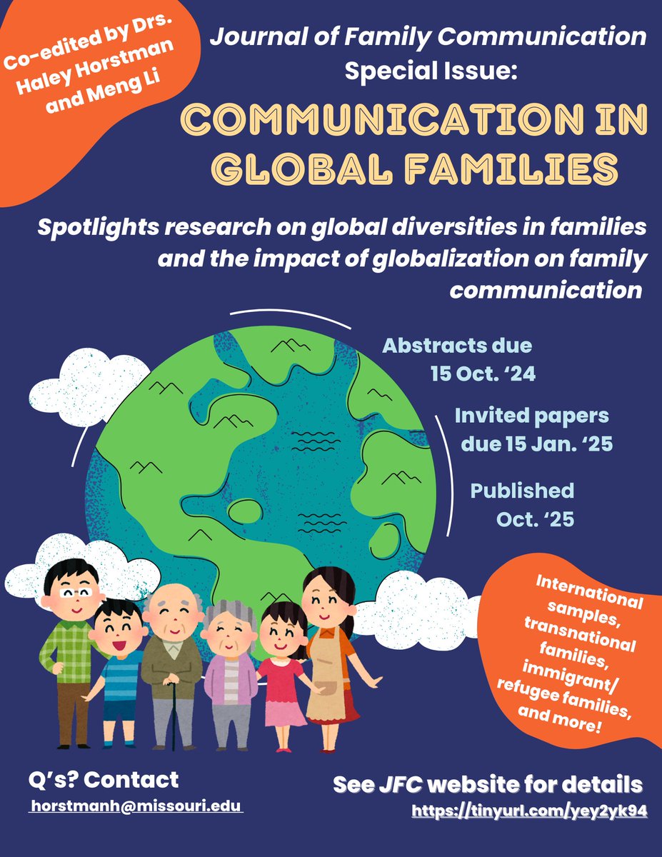 CFP Special issue of Journal of Family Communication on Global Families! Highlighting global diversities in families and the impact of globalization on family communication. Scholarship from various disciplines and using various methods. Spread the word!