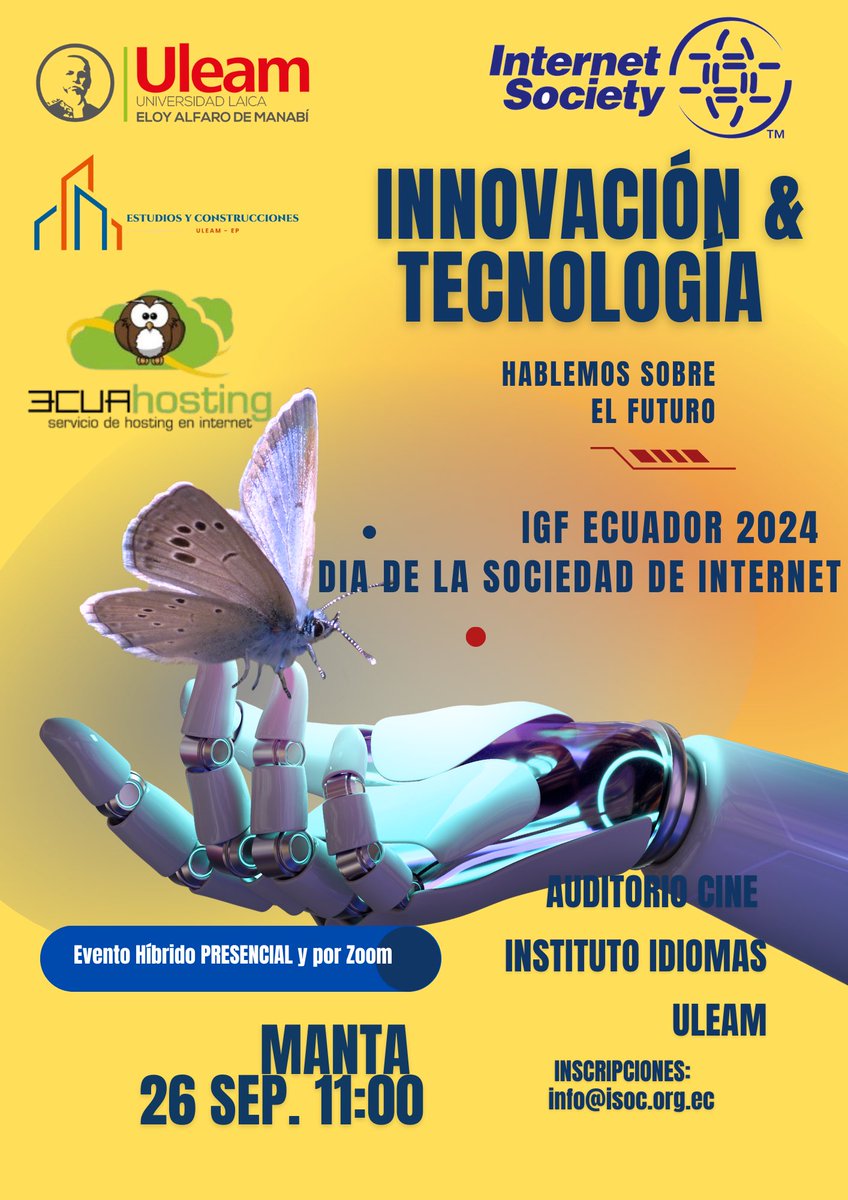 ISOC Ecuador (@isocec) on Twitter photo El INTERNET SOCIETY DAY LATAM se viene este jueves 26 de septiembre evento presencial y en línea conjunto con el IGF ECUADOR
Inscríbete en el email en la imagen <a href="/internetsociety/">Internet Society</a> <a href="/ISOC_Foundation/">Internet Society Foundation</a> <a href="/cveraq/">Carlos Vera Quintana</a> <a href="/ecuahosting/">EcuaHosting</a> <a href="/ISOC_LAC/">Internet Society LAC</a> <a href="/igfecuador/">IGF Ecuador</a> <a href="/corpece/">CORPECE</a> <a href="/intgovforum/">IGF - Internet Governance Forum</a> <a href="/AnjaGengo/">Anja Gengo</a> El INTERNET SOCIETY DAY LATAM se viene este jueves 26 de septiembre evento presencial y en línea conjunto con el IGF ECUADOR
Inscríbete en el email en la imagen <a href="/internetsociety/">Internet Society</a> <a href="/ISOC_Foundation/">Internet Society Foundation</a> <a href="/cveraq/">Carlos Vera Quintana</a> <a href="/ecuahosting/">EcuaHosting</a> <a href="/ISOC_LAC/">Internet Society LAC</a> <a href="/igfecuador/">IGF Ecuador</a> <a href="/corpece/">CORPECE</a> <a href="/intgovforum/">IGF - Internet Governance Forum</a> <a href="/AnjaGengo/">Anja Gengo</a>