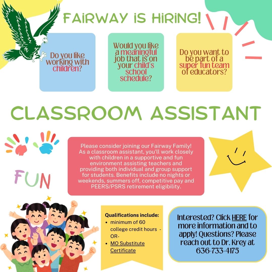 Want to be part of the best school community ever?! Come join us &amp; have fun as a classroom assistant! Our Fairway Family needs you! Find more information here: parentsquare.com/feeds/37351267 <a href="/FairwayElem/">Dr. Lorinda Krey</a> <a href="/FairwayElemAP/">Fairway Elementary AP</a> #FairwayFamily 💚💛🦅