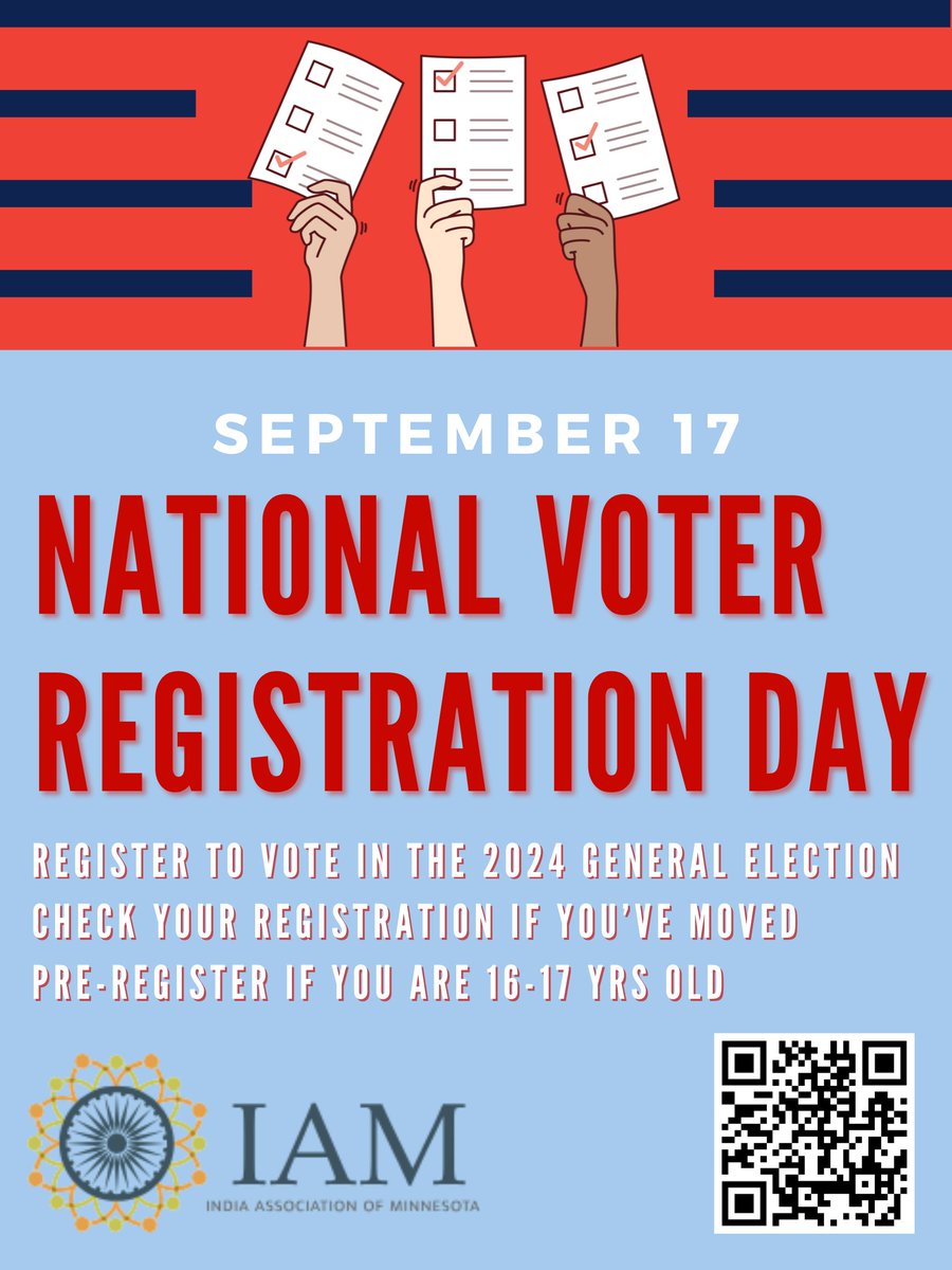 Let’s get ready to vote!
It's National Voter Registration Day today!
A nationwide effort to prepare all eligible Americans to vote in the 2024 November election.
Minnesota has been #1 in the country in voter participation! 
For more info, visit mnvotes.gov.
#voteready