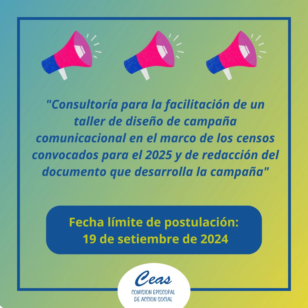 📣 ¡Atención, profesionales de la comunicación!

🎯 CEAS te invita a participar en esta convocatoria

📅 Fecha límite: 19/09/2024
🔗 Postula ahora!

Link a la convocatoria: drive.google.com/file/d/154VV0b…

#CampañaComunicacional #DiseñoDeCampaña #Censos2025 #OportunidadProfesional