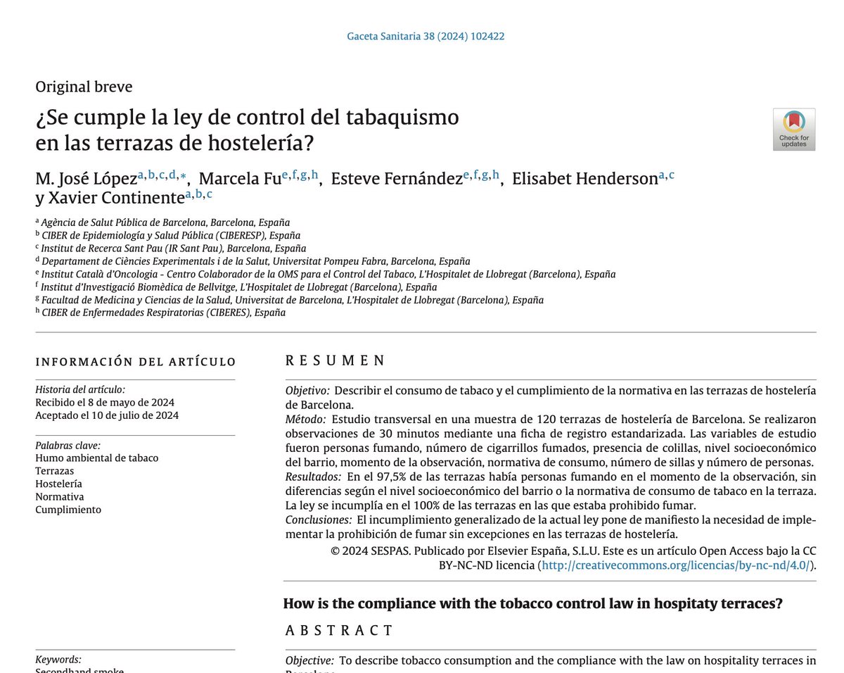 ¿Se cumple la ley de control del tabaquismo en las terrazas de hostelería?
Ya disponible es Gaceta Sanitaria: doi.org/10.1016/j.gace… 

Y no. No se cumple. Y no por poco.