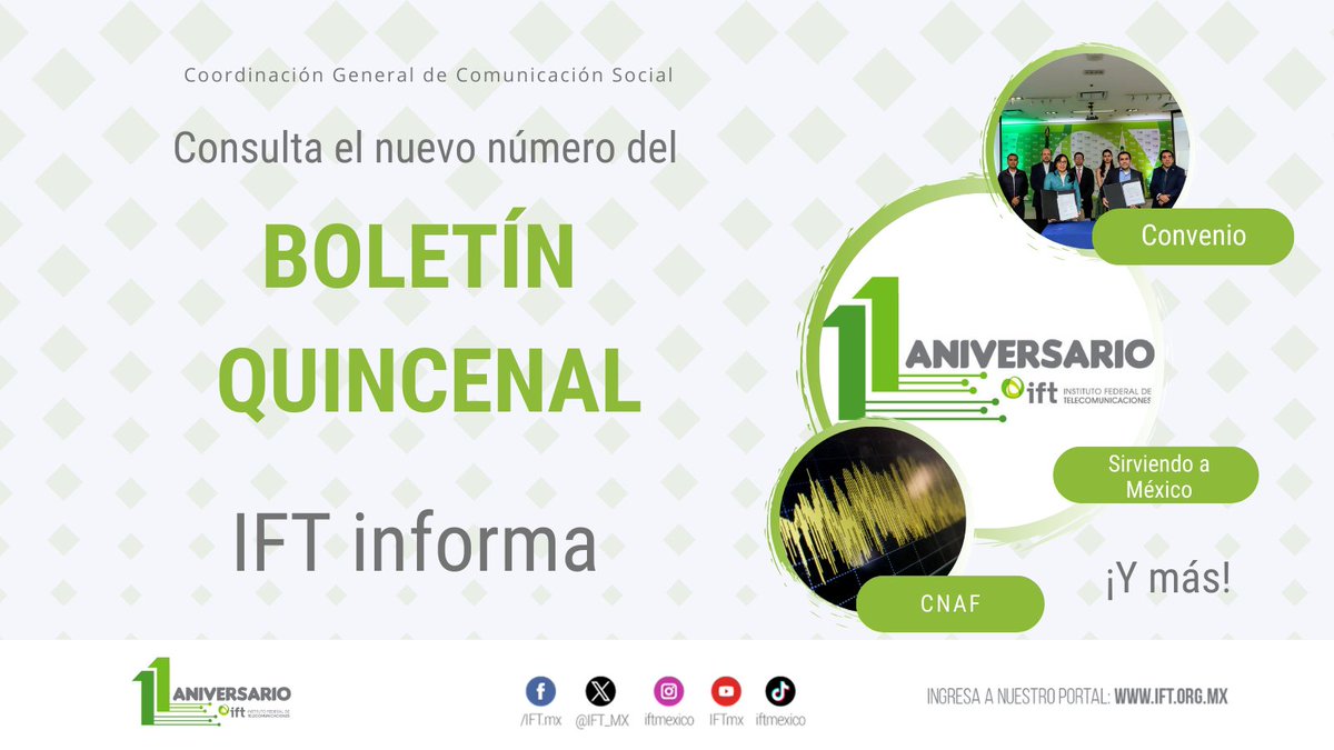 IFT (@ift_mx) on Twitter photo Da clic al #IFTinforma📰bit.ly/3MPKsgc
y entérate de las noticias➕importantes en #Telecom y #Radiodifusión 📡📱📺📻:
➡️#11AñosIFT
➡️Sanción a Telcel
➡️Convenio con la <a href="/AMOMVAC/">Asociación Mexicana Operadores Móviles Virtuales</a>
➡️Actualización del #CNAF
➡️2º Informe estadístico trimestral 2024 #SoyUsuario Da clic al #IFTinforma📰bit.ly/3MPKsgc
y entérate de las noticias➕importantes en #Telecom y #Radiodifusión 📡📱📺📻:
➡️#11AñosIFT
➡️Sanción a Telcel
➡️Convenio con la <a href="/AMOMVAC/">Asociación Mexicana Operadores Móviles Virtuales</a>
➡️Actualización del #CNAF
➡️2º Informe estadístico trimestral 2024 #SoyUsuario