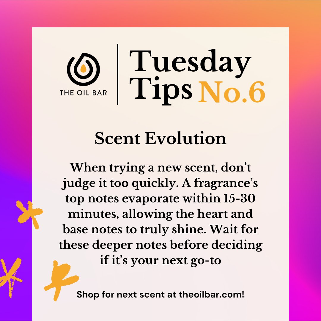 Today’s #TipTuesday 💫 Your fragrance is more than just the first spritz.

A scent evolves over time, starting with fresh top notes and settling into rich base notes. Let your signature scent unfold throughout the day!

#Theoilbar #Fragrance101 #ProTips #Didyouknow #Funfacts