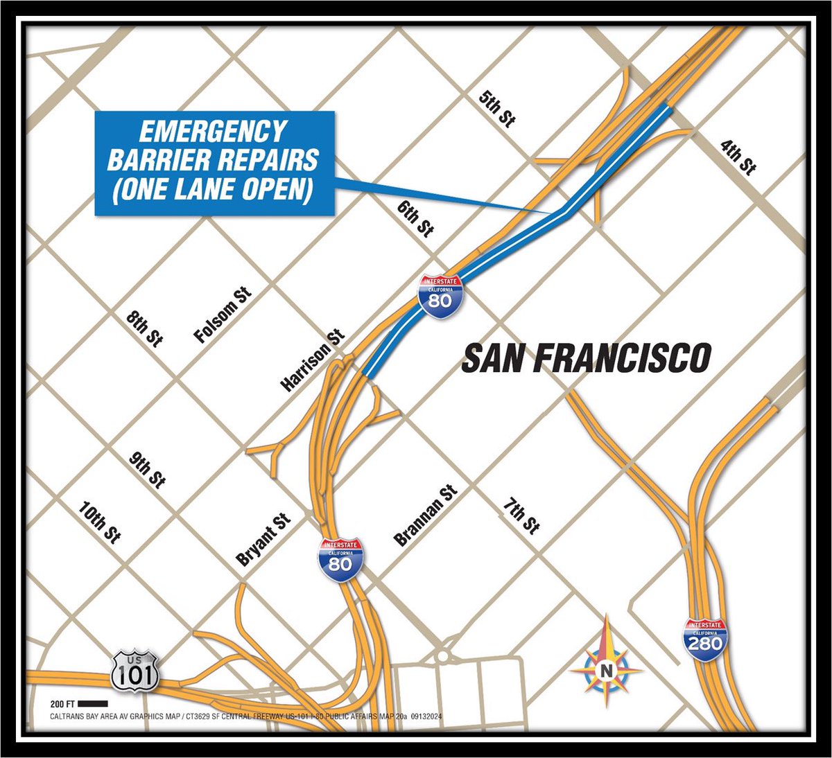 CaltransD4's tweet photo. #HeresWhatYouNeedToKnow San Francisco’s I-80 EB/WB emergency Barrier repairs Started September 16 crews will work from 9:00PM to 6:00AM through October. Learn more https://t.co/5xk5ktad6x. Keep our crews safe, drive carefully. #CaltransLovesTheBay @CaltransHQ https://t.co/otvQnE6cVF