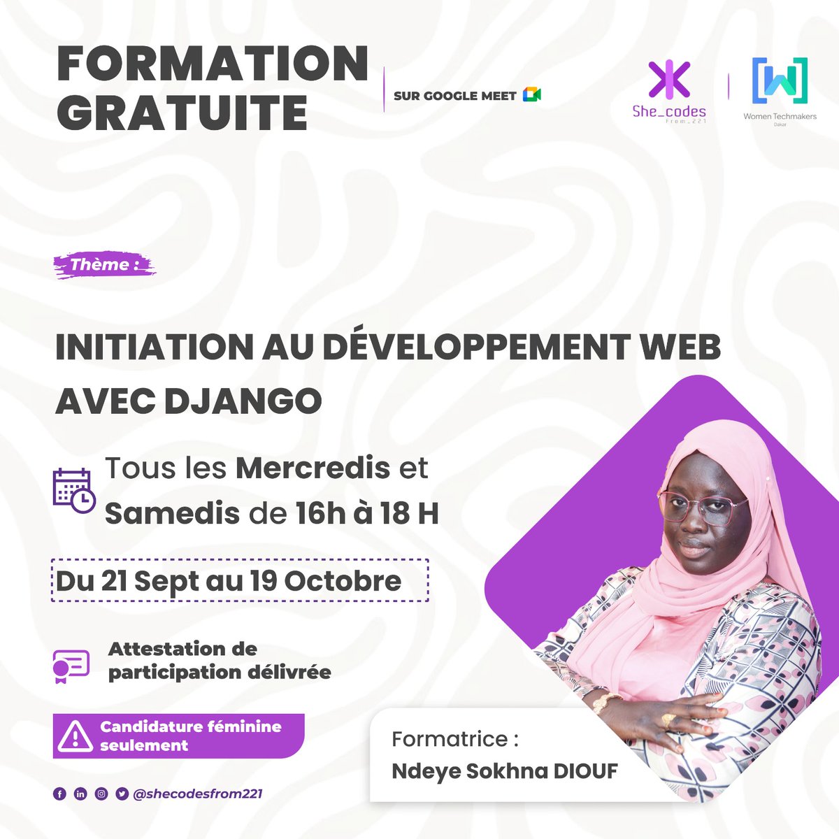 🥳 Pour les Femmes, Par les Femmes !

Formation animée par <a href="/yaasokhna/">Sokhnaa!</a> de <a href="/WTMDakar/">WTM Dakar</a> .

👩‍💻 Inscrivez-vous maintenant et devenez une pro de Django : tally.so/r/wv49v8