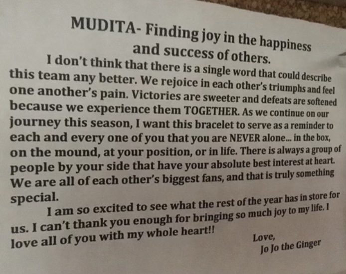 BAMASB Flashback: 

Spring of 2014 … Jordan Patterson hands out MUDITA bracelets with the message below attached. 

She and her teammates personified the word and it becomes synonymous with our program. 

#Mudita