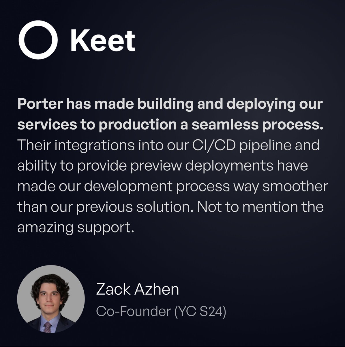 porterdotrun's tweet photo. YC S24 startup @keetapi uses Porter to focus on delivering value to their users without having to wrangle app deployment lifecycles.

Want to deploy your apps seamlessly? Redeem the Porter startup deal👉https://t.co/wnTWfSNhAp https://t.co/141DC988Ic