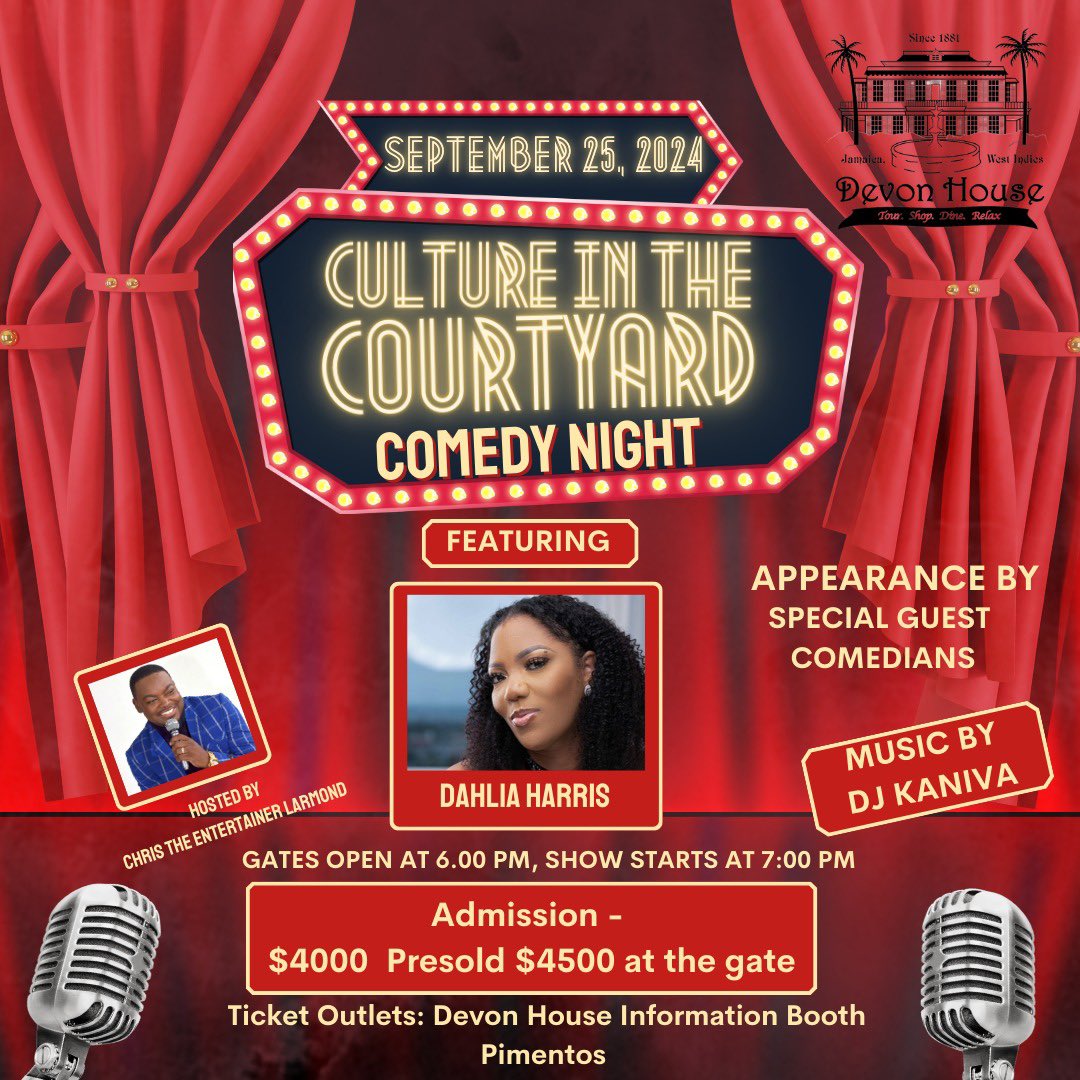 🎉 Get ready to laugh till you drop! 😂🎤

Join us for a night of non-stop fun and gut-busting comedy at Devon House Courtyard! Featuring headliner Dahlia Harris, you won’t want to miss the biggest laughs on September 25th! 🤣🎟️