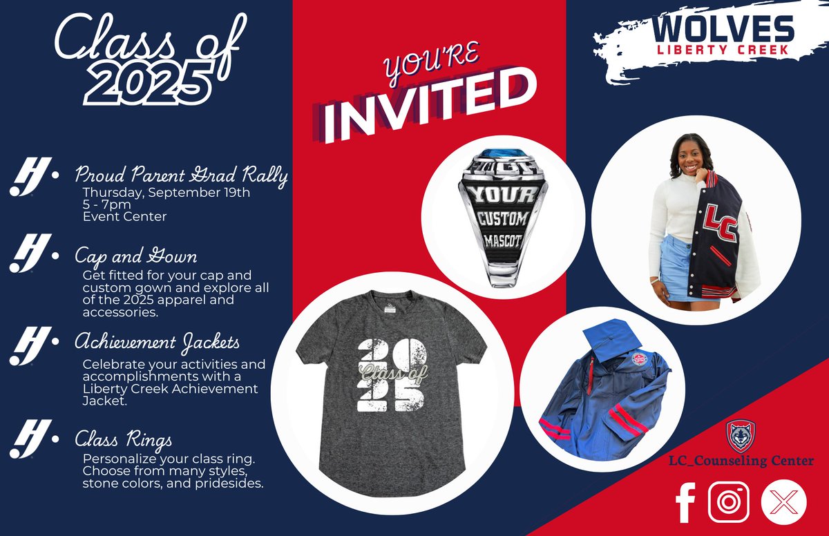 Hey Seniors and Proud Parents! Don't forget that this Thursday, September 19th, is the PROUD PARENT GRAD RALLY here at Liberty Creek, in the Event Center, from 5 to 7pm. Come try on your Cap and Gown, order class rings, jackets, and purchase Class of 2025 jewelry and more.