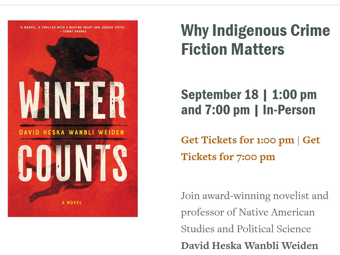 Hey Denver! I'll be speaking at History Colorado on Wednesday, September 18, at 1:00 pm and also at 7:00 pm for the Rosenberry Lecture Series. I'll be talking about "Why Indigenous Crime Fiction Matters" and signing books after each session. Hope to see you there!