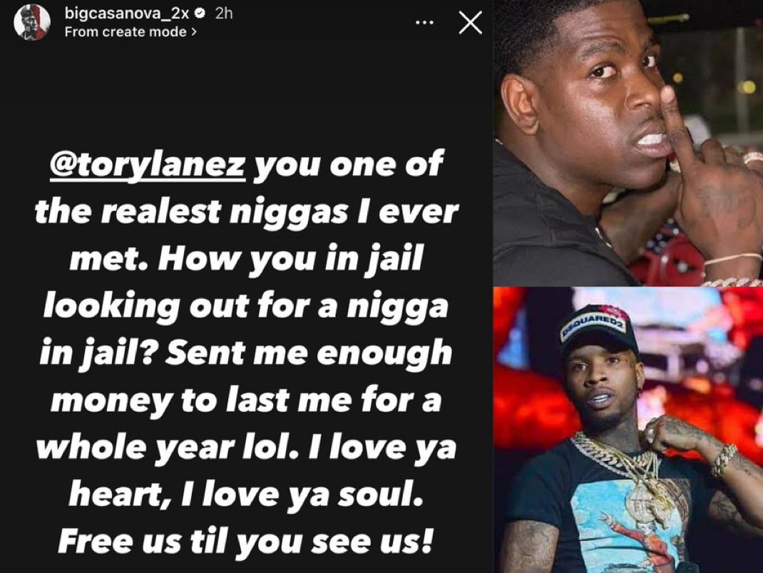 DailyLoud's tweet image. Casanova reveals that Tory Lanez sent him money to last him an entire year in jail:

“Free us til you see us”