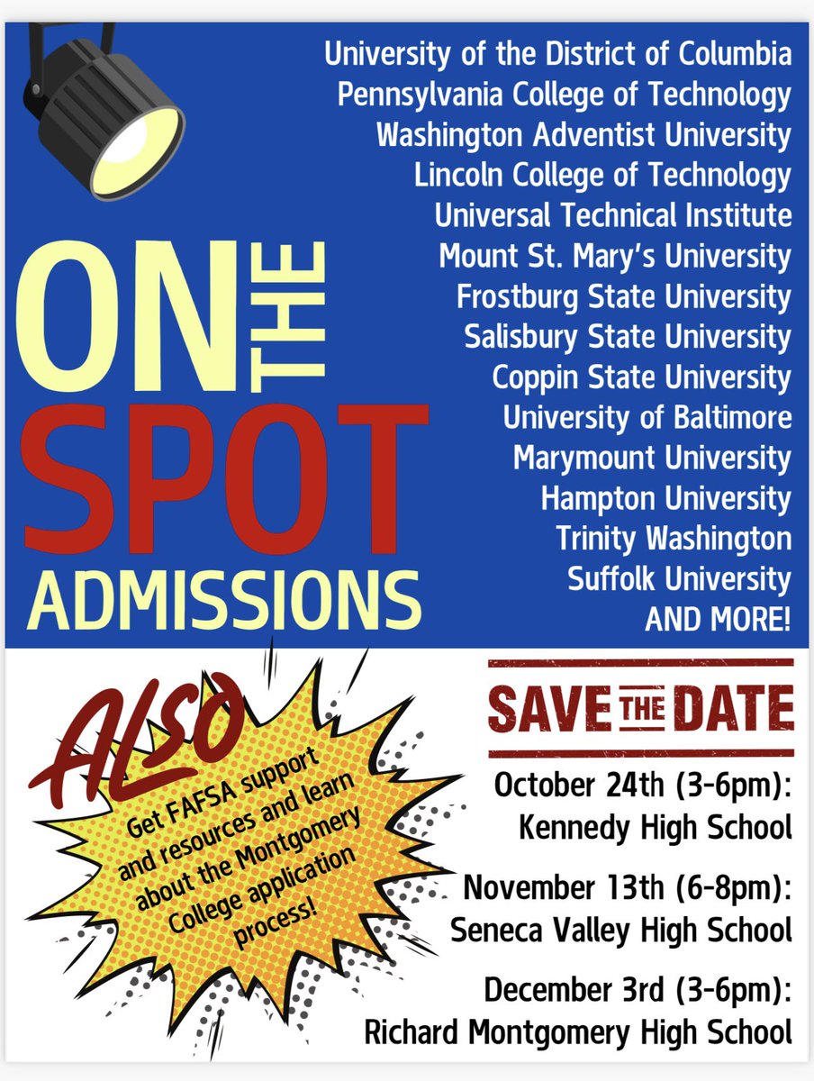 MCPS Counseling (@mcpscounseling) on Twitter photo On The Spot Admissions!😳 10/24 at Kennedy HS, 11/13 at Seneca Valley HS and 12/3 Richard Montgomery HS! <a href="/JFK_CC/">JFK College & Career</a> <a href="/SVSECounselors/">SVHS Counseling</a> <a href="/RMHSCounseling/">RM Counseling Dept.</a> <a href="/MCPS/">MCPS</a> On The Spot Admissions!😳 10/24 at Kennedy HS, 11/13 at Seneca Valley HS and 12/3 Richard Montgomery HS! <a href="/JFK_CC/">JFK College & Career</a> <a href="/SVSECounselors/">SVHS Counseling</a> <a href="/RMHSCounseling/">RM Counseling Dept.</a> <a href="/MCPS/">MCPS</a>