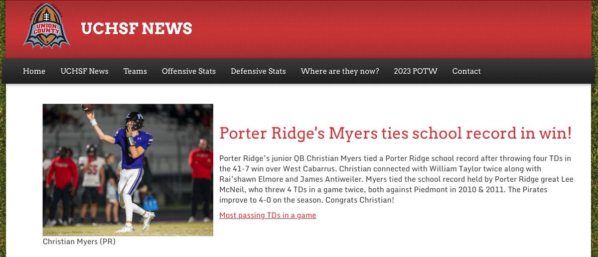 garrett_grham's tweet photo. Porter Ridge's Myers ties school record in win!
@PorterRidgeHSNC @PorterRidgeFB @ChristianMpr9
@prhs_athletics
https://t.co/Q3neIKjnVx https://t.co/tRCEOIYcPu