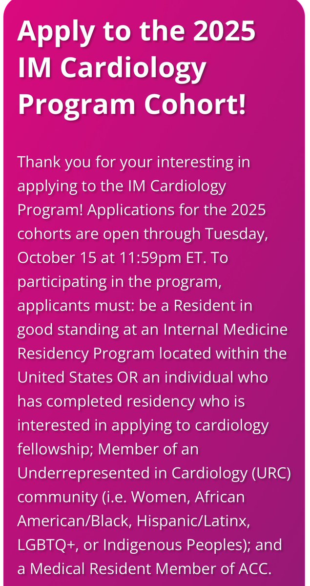 Nosheen Reza, MD, MS (@noshreza) on Twitter photo Application period for the next cohorts of the <a href="/ACCinTouch/">American College of Cardiology</a> Internal Medicine Cardiology Programs is now open!
Please share with your mentees — deadline is 10/15
Learn more & apply: acc.org/About-ACC/Dive…
<a href="/melsulistio/">Melanie S. Sulistio, MD</a> <a href="/MelvinEchols9/">Melvin R. Echols, MD, MSCR, FACC, FHFSA, FASPC</a> <a href="/DrQuinnCapers4/">Quinn Capers, IV</a> <a href="/DrJMieres/">Jennifer H. Mieres, MD , FACC, MASNC, FAHA</a> <a href="/MayraGuerreroMD/">Mayra Guerrero, MD</a> Application period for the next cohorts of the <a href="/ACCinTouch/">American College of Cardiology</a> Internal Medicine Cardiology Programs is now open!
Please share with your mentees — deadline is 10/15
Learn more & apply: acc.org/About-ACC/Dive…
<a href="/melsulistio/">Melanie S. Sulistio, MD</a> <a href="/MelvinEchols9/">Melvin R. Echols, MD, MSCR, FACC, FHFSA, FASPC</a> <a href="/DrQuinnCapers4/">Quinn Capers, IV</a> <a href="/DrJMieres/">Jennifer H. Mieres, MD , FACC, MASNC, FAHA</a> <a href="/MayraGuerreroMD/">Mayra Guerrero, MD</a>