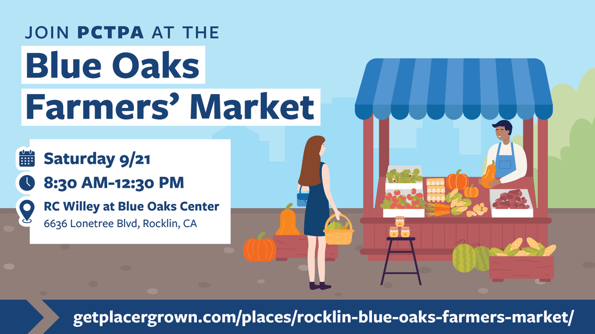 PCTPA's tweet photo. Join us in Rocklin this Saturday for locally grown specialities and transportation information! 

Blue Oaks Farmers' Market
Sat, Sept. 21
8:30 am – 12:30 pm
RC Willey at Blue Oaks Center
6636 Lonetree Blvd, Rocklin

#movingplacerforward https://t.co/3EcWRxMq67