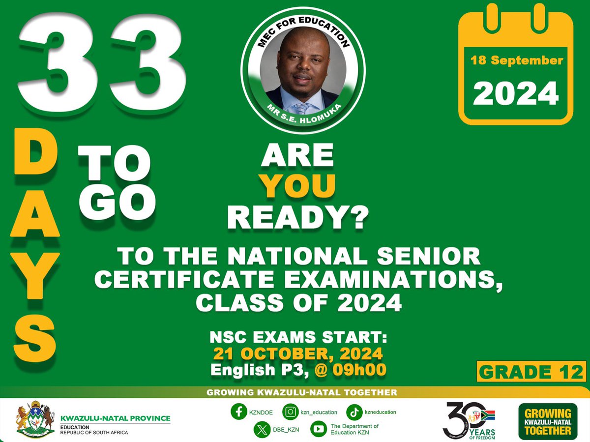 DBE_KZN's tweet photo. The Countdown Continues
Only 33 days left Matrics! Stay committed, driven and focused.
#KZNDOE #ClassOf2024 #NSCExams #Matric2024 #33DaysToGo #StayCommitted https://t.co/BwT73Vvs6H