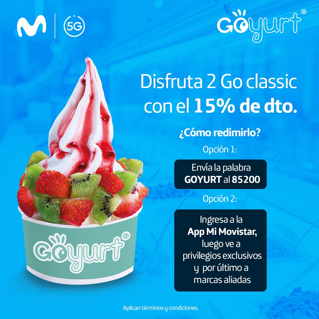 ¡Nuevo beneficio para ti por ser Cliente Movistar😍! Disfruta 15% dcto. en la compra de 2 Go Classic🍨🍨, envía la palabra GOYURT como mensaje de texto al 85200 o ingresa a la App mi Movistar 
movistar.com.co