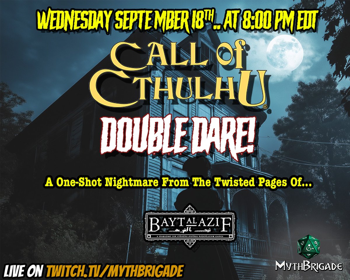 Exciting to see a live play of Double Dare from Bayt al Azif issue 1, with Keeper Tara!
Tune in tomorrow September 18th on the <a href="/MythBrigade/">MythBrigade</a> Twitch channel: twitch.tv/mythbrigade