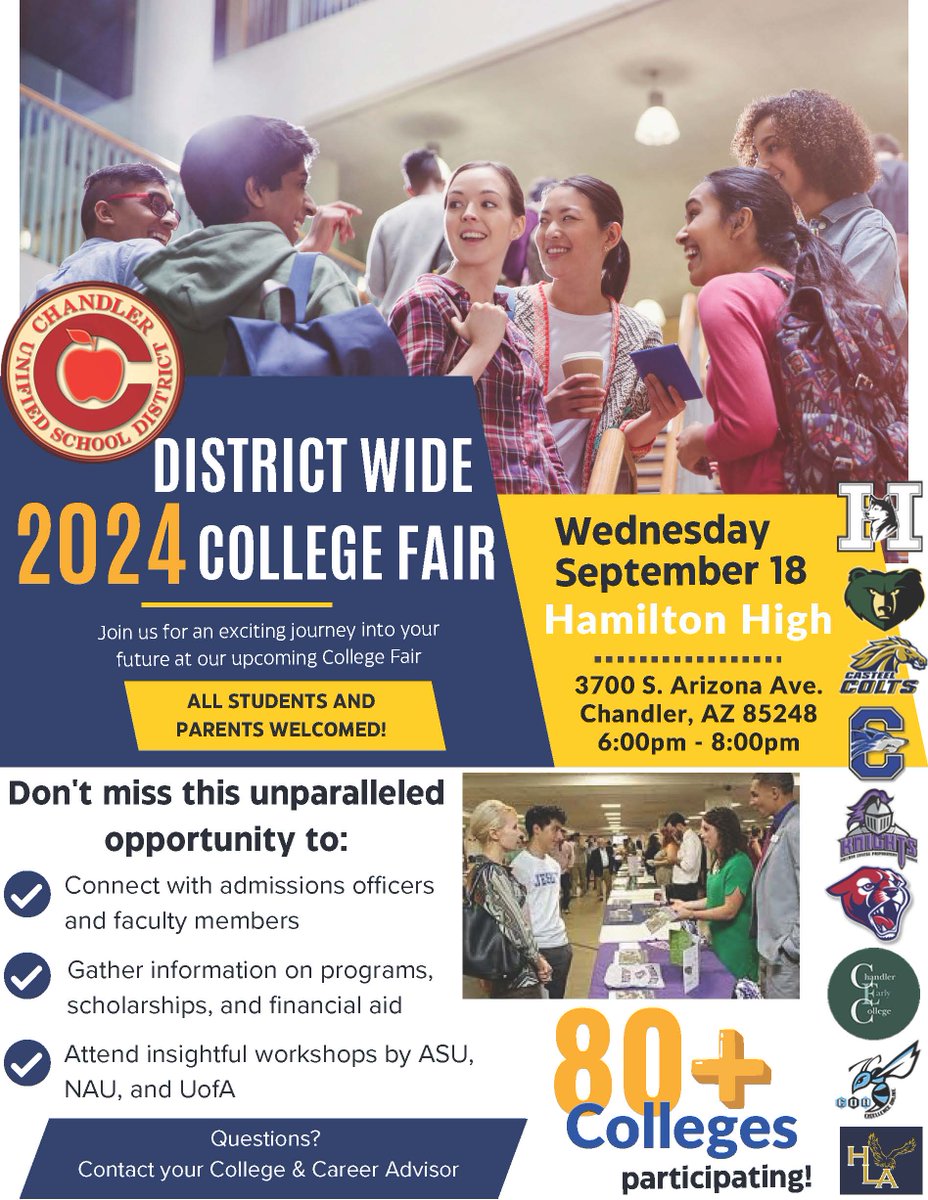 Reminder that our District Wide College Fair is happening TOMORROW NIGHT. Starting at 6 p.m. at Hamilton High School. #WeAreChandlerUnified