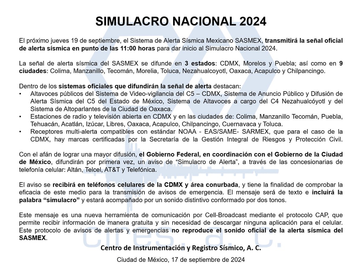 El próximo 19 de septiembre, durante el Simulacro Nacional 2024, se emitirá un sonido y un mensaje de texto en la CDMX y área conurbada a través de los servicios de telefonía celular para alertar a la población.
#SimulacroNacional2024 #ProtecciónCivil #AlertaSísmica