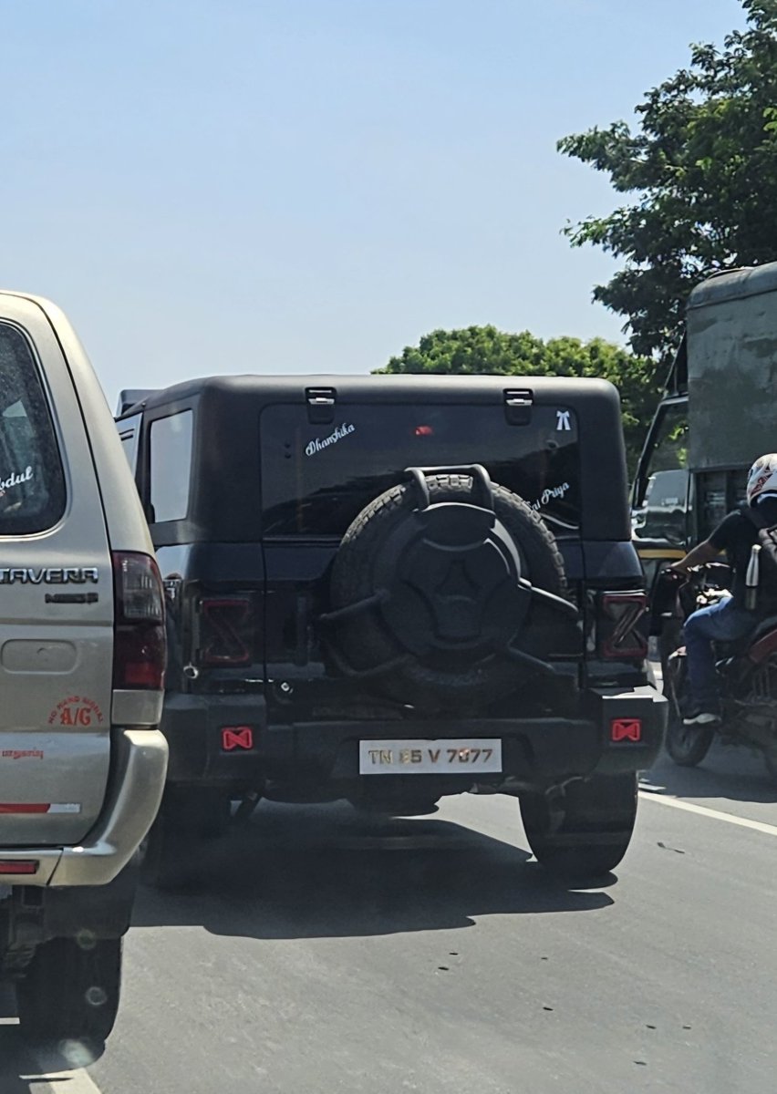 Harpreet1569's tweet photo. @ChennaiTraffic Mahindra Thar TN85V7077 with a decorative registration plate and blackened windows. Is this allowed ? https://t.co/uEG2Q5O5gm