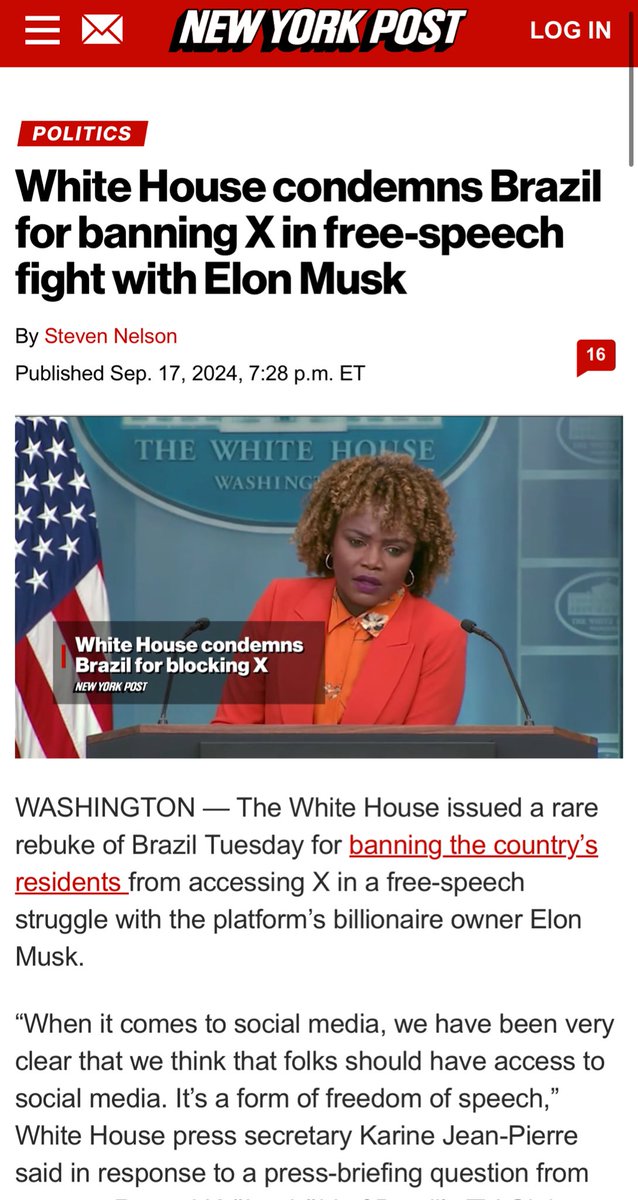 shellenberger's tweet image. “The White House issued a rare rebuke of Brazil Tuesday for banning the country’s residents from accessing X in a free-speech struggle with the platform’s billionaire owner Elon Musk.”

Finally!