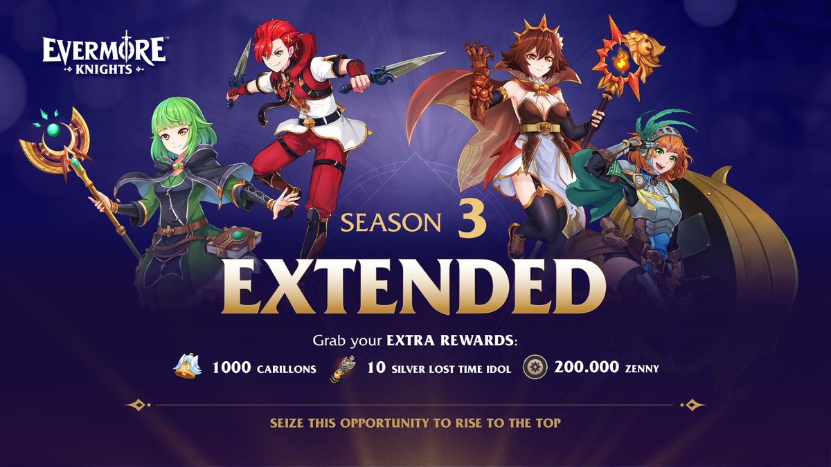 𝐏𝐯𝐏 𝐒𝐞𝐚𝐬𝐨𝐧 𝟑 𝐢𝐬 𝐧𝐨𝐰 𝐞𝐱𝐭𝐞𝐧𝐝𝐞𝐝 𝐢𝐧𝐝𝐞𝐟𝐢𝐧𝐢𝐭𝐞𝐥𝐲! 

No deadline means endless chances to play, earn &amp; boost rewards. 
Earn Carillons, Silver Lost Time Idols, and 200,000 Zenny! 

Remember, 1 Evermore Knights NFT is required for swaps at <a href="/CreoPlay_app/">Creoplay App</a>