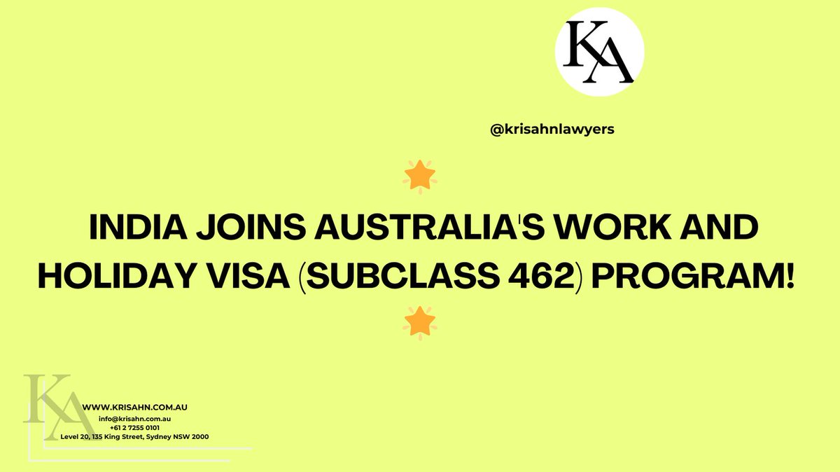 krisahnlawyers's tweet image. Big news! From 16 September 2024, Indian passport holders can now apply for the Work and Holiday Visa 462
✨ No Government Support Needed
✨ Meet Educational Requirements
✨ Aged 18-30
✨ New Ballot System for Selection
#WorkAndHolidayVisa #IndiaToAustralia #Subclass462