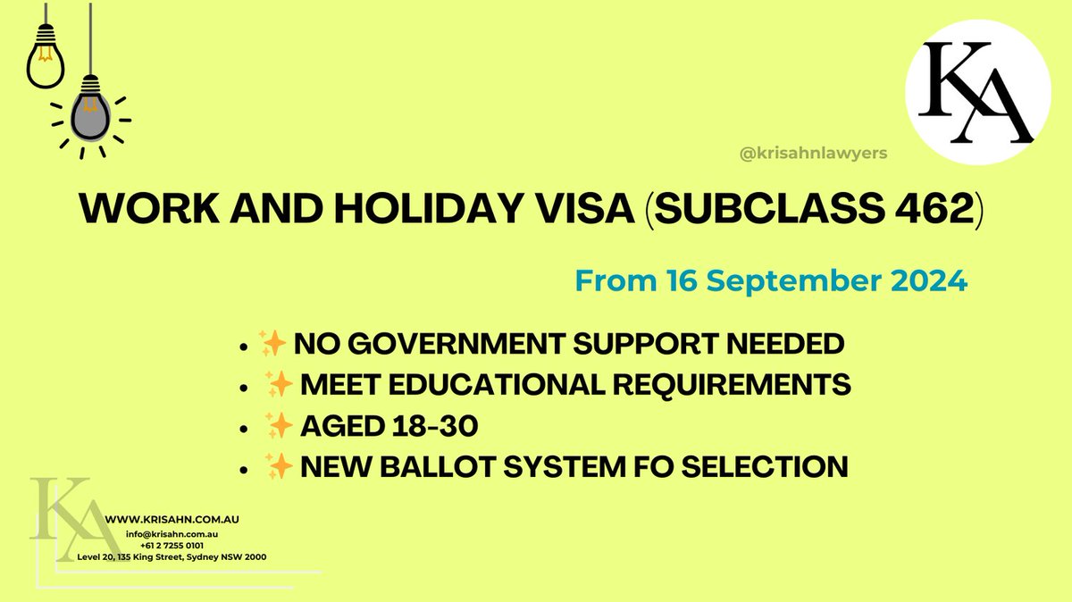 krisahnlawyers's tweet image. Big news! From 16 September 2024, Indian passport holders can now apply for the Work and Holiday Visa 462
✨ No Government Support Needed
✨ Meet Educational Requirements
✨ Aged 18-30
✨ New Ballot System for Selection
#WorkAndHolidayVisa #IndiaToAustralia #Subclass462