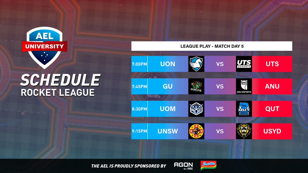 Australian Esports League (@auesportsleague) on Twitter photo Match Day 5 begins with 3 teams tied and looking to solidify their positions in the Top 4!
🔴6:45PM AEST
📺twitch.tv/auesportsleague
🎙️<a href="/formalcasting/">max vonneumann</a> & <a href="/QueenMorgie_/">QueenMorgie</a>
🎬<a href="/BkWhatOCE/">Bk</a> & <a href="/nottimii/">Timii</a>
The AEL is proudly sponsored by <a href="/AGONbyAOC/">AGON by AOC</a> & <a href="/Indomielovers/">Indomie</a> Match Day 5 begins with 3 teams tied and looking to solidify their positions in the Top 4!
🔴6:45PM AEST
📺twitch.tv/auesportsleague
🎙️<a href="/formalcasting/">max vonneumann</a> & <a href="/QueenMorgie_/">QueenMorgie</a>
🎬<a href="/BkWhatOCE/">Bk</a> & <a href="/nottimii/">Timii</a>
The AEL is proudly sponsored by <a href="/AGONbyAOC/">AGON by AOC</a> & <a href="/Indomielovers/">Indomie</a>