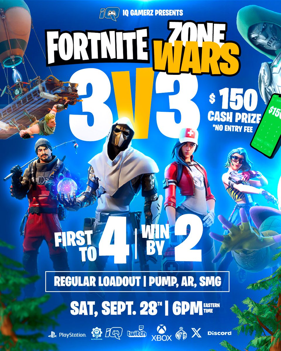 Calling all #Fortnite Players join the discord and register!!! 💰💰💰
**Saturday, September 28th we have our 1st Fornite tournament!!! Register asap limited spots available**  #Fortnite #IQgamerz 

discord.gg/iqgamerz

challonge.com/IQfortnite