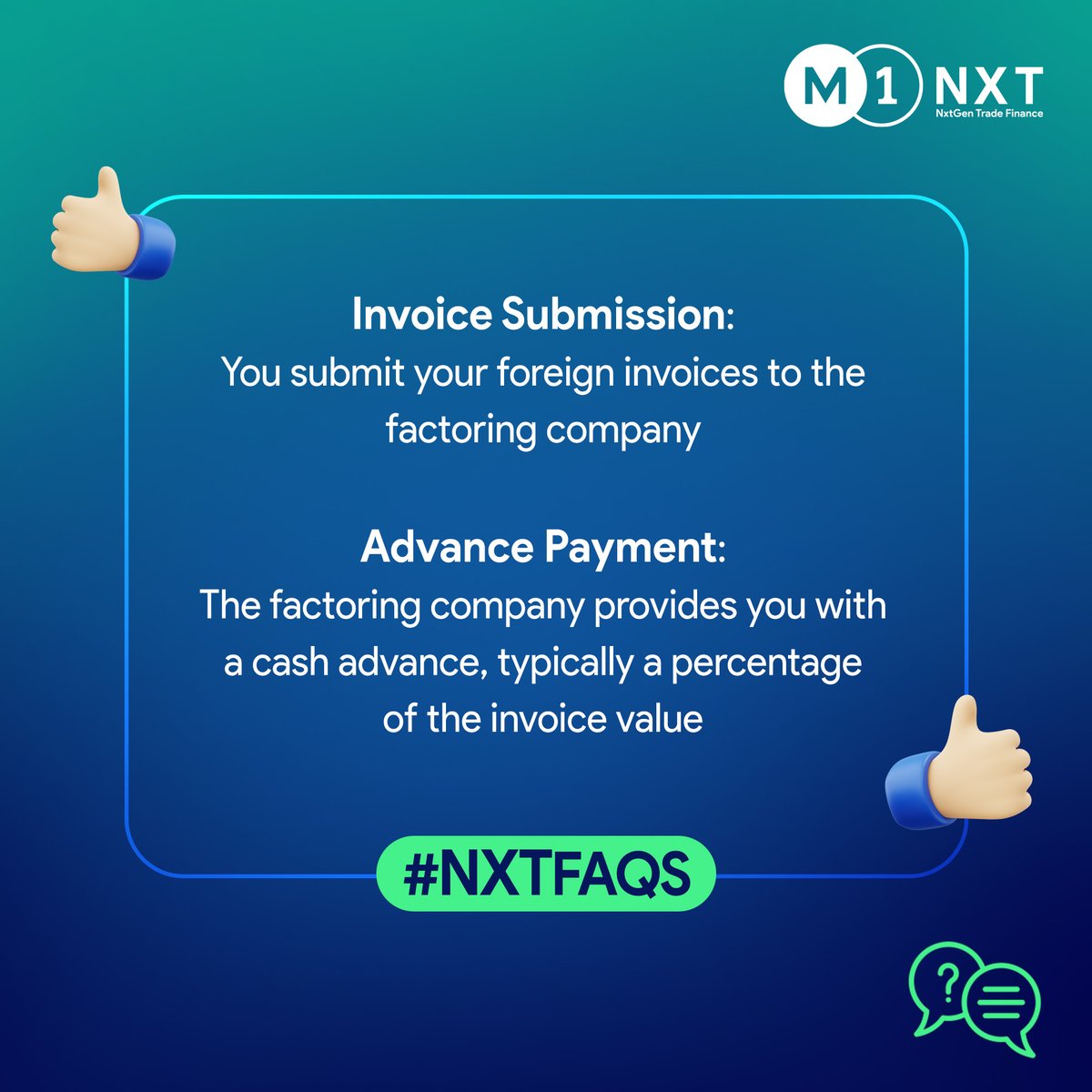 M1Nxt's tweet image. Want to know how cross-border factoring works? 
In this edition of the #NXTFAQs, we answer this burning question and tell you the working behind this phenomenon.

#CrossBorderFactoring #ImprovedCashFlow #WorkingCapitalSolution #FAQs