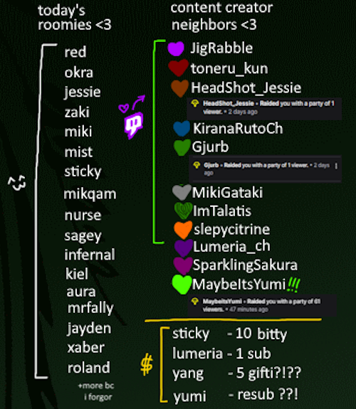 Thanks again to MY OSHI 🍃✨ @MaybeItsYumi for choosing to raid me 2 days ago (and resubbing to me too?! FUCK what an absolute HONOR??)

and thank you to all the roomies &amp; neighboring content creators below for stopping by my happy little channel ♡

I LOVE YOU ALL ♡ aaAAAA—