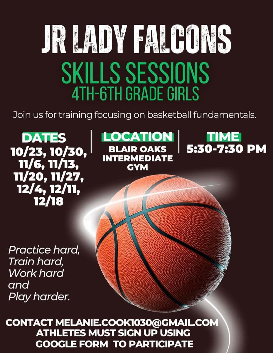 4th-6th grade girls living in the Blair Oaks school district, join us for skills sessions Oct-Dec. All teams will be determined in Dec, and teams will play in league in Jan &amp; Feb.  Fill out the Google below and reach out if you have any questions!  🏀💚

forms.gle/iPRr37qFsPNQLh…
