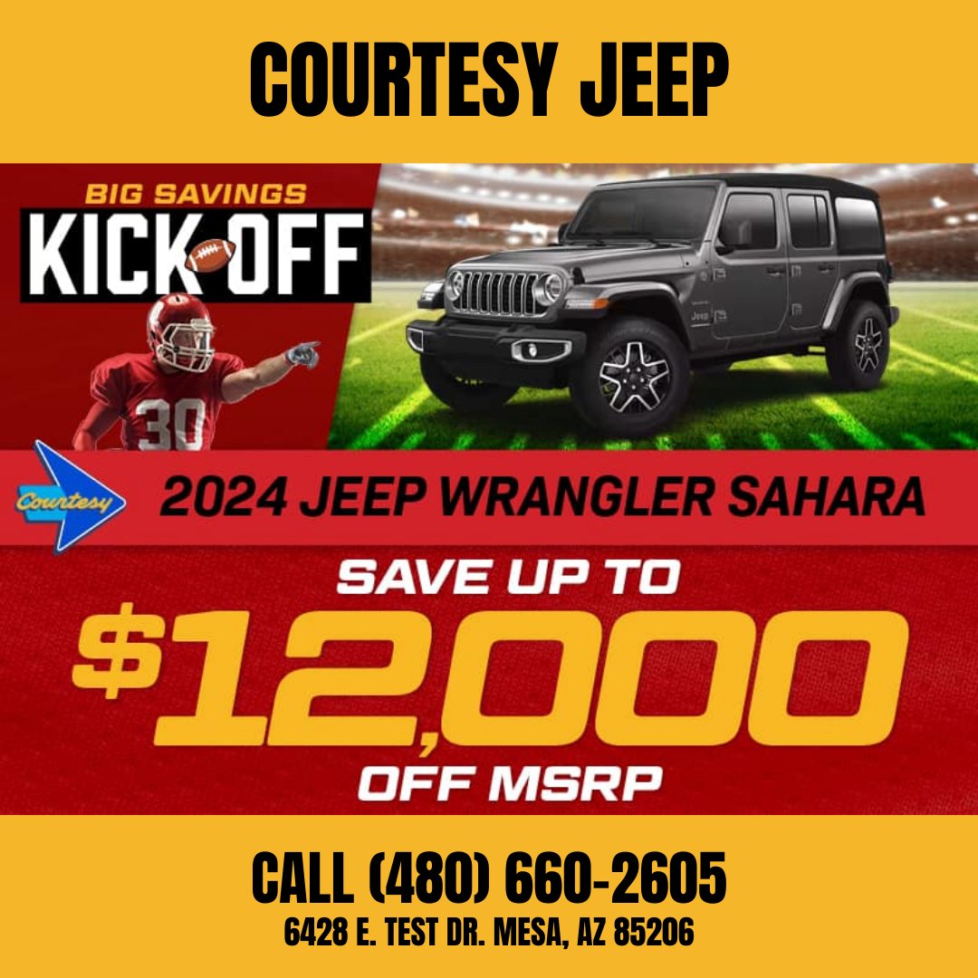 How will you tackle your next off-road adventure? Save up to $12,000 on the 2024 Jeep Wrangler Sahara and get ready to explore the wild. 🌄🏞️ #JeepWrangler #OffRoading #TrailReady

Shop For Yours at 👉 courtesyjeepsuperstitionsprings.com/new-vehicles/w…