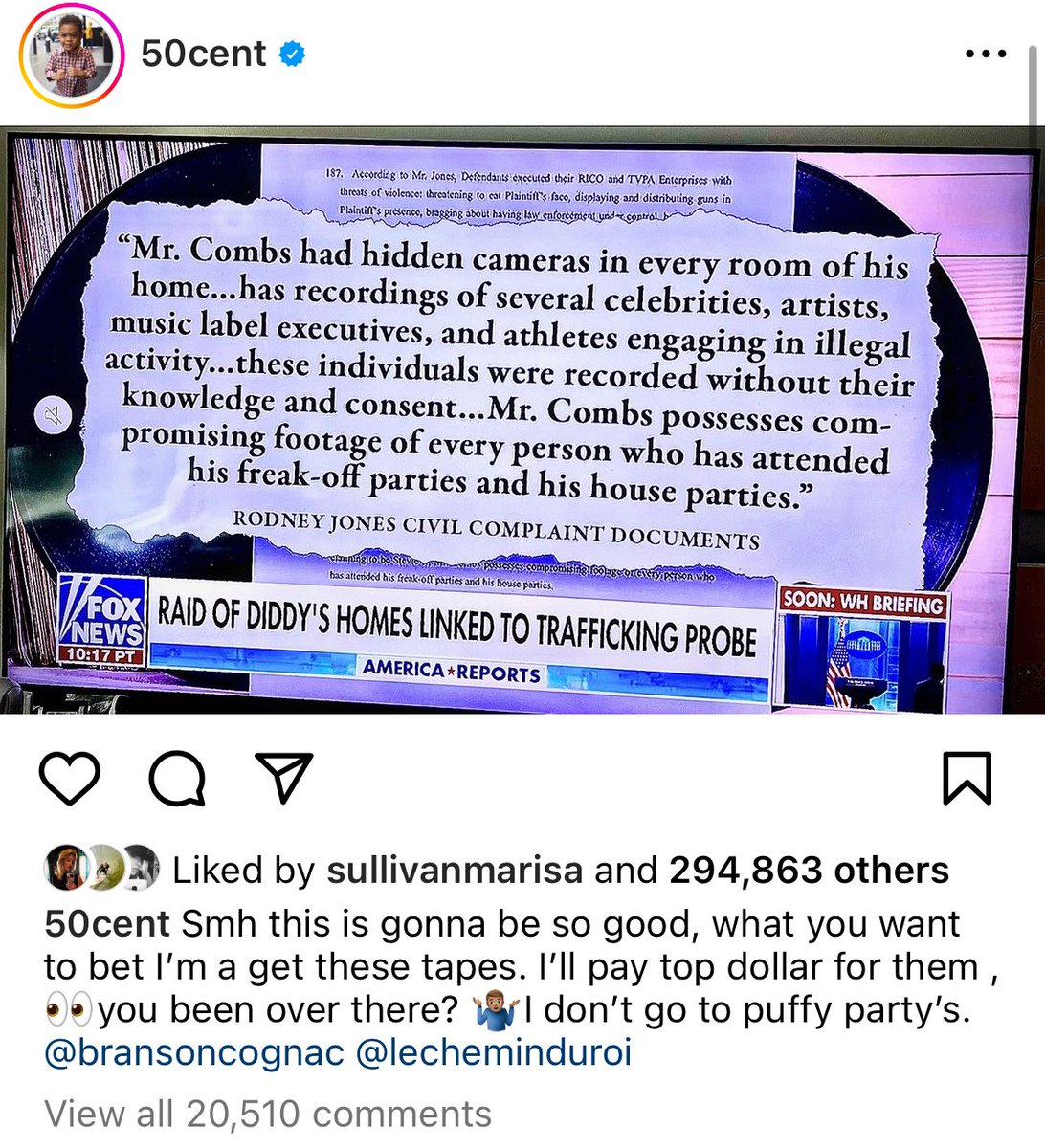ShadowofEzra's tweet photo. 50 Cent once posted on Instagram, claiming he's willing to pay top dollar to get his hands on Diddy's blackmail tapes, which allegedly capture celebrities and power players engaging in criminal activity.
According to the rapper, Diddy had hidden cameras throughout his house, recording everything his guests—ranging from artists and music execs to athletes and politicians—did at his notorious house parties and "freak-off" events.
Does @50cent have the tapes?