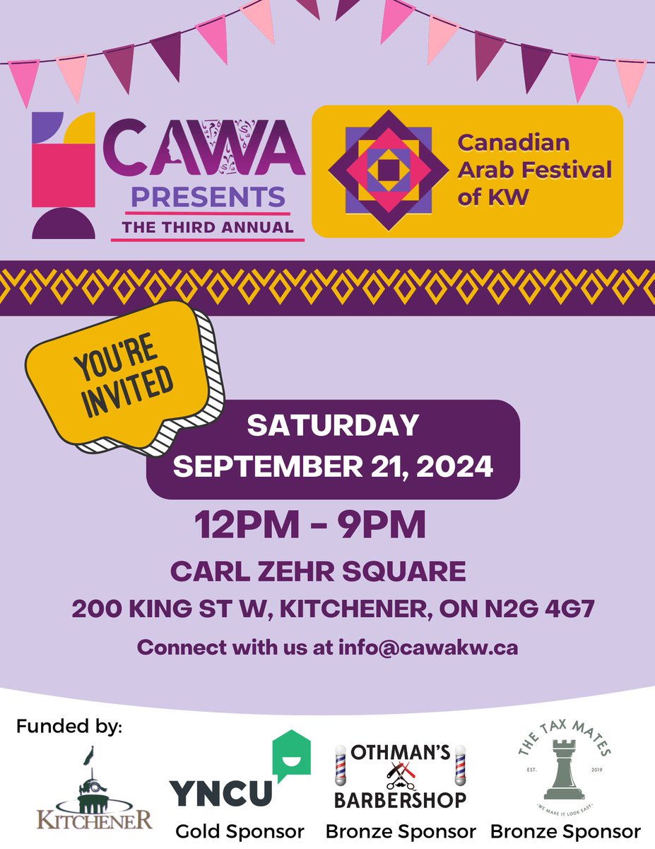 Join us for CAWA’s 3rd Annual Festival! 
We’re excited to invite you to a day filled with culture, community, and celebration!
🗓️ Saturday, September 21, 2024
⏰ 12pm-9pm
📍 Carl Zehr Square, Kitchener

Funded by <a href="/cityofkitchener/">kitchener</a>
Sponsors:
<a href="/yourncu/">YNCU</a>
@othmansbarbershop
@thetaxmates