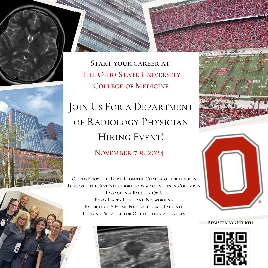 Mitva Patel (@mitvamd) on Twitter photo Attention Radiology Residents!
Join us for our recruiting event <a href="/OSURadiology/">Ohio State Radiology</a>
Nov 7-9. See 👇and scan QR code to register!
Find out why we love working <a href="/OSUWexMed/">The Ohio State University Wexner Medical Center</a> and why you will too!
You’ll get to work with amazing people like <a href="/NatashaMongaMD/">Natasha Monga, MD</a> <a href="/dwonealMD/">Daniel O'Neal</a> <a href="/amna_ajam/">Amna Ajam MD</a> Attention Radiology Residents!
Join us for our recruiting event <a href="/OSURadiology/">Ohio State Radiology</a>
Nov 7-9. See 👇and scan QR code to register!
Find out why we love working <a href="/OSUWexMed/">The Ohio State University Wexner Medical Center</a> and why you will too!
You’ll get to work with amazing people like <a href="/NatashaMongaMD/">Natasha Monga, MD</a> <a href="/dwonealMD/">Daniel O'Neal</a> <a href="/amna_ajam/">Amna Ajam MD</a>