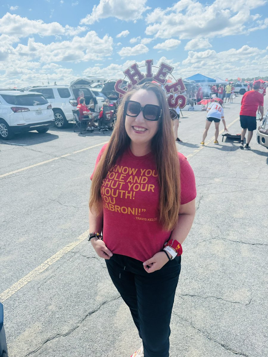 Game day outfit… a throwback to the jabroni battle, along with my homemade headband. <a href="/newheightshow/">New Heights</a> <a href="/tkelce/">Travis Kelce</a>