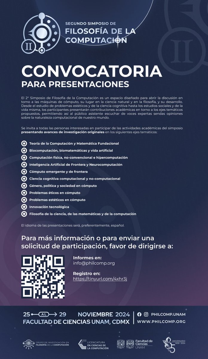 Academia Mexicana de Computación (@amexcompac) on Twitter photo 🤩El Grupo de Investigación en Filosofía General de la Computación invita a participar en el 2° Simposio de Filosofía de la Computación.
📅25-29 de noviembre.
🌎Facultad de Ciencias de la UNAM.
📝Postulaciones: philcomp.org/registro-de-po…
🧐Dudas: info@philcomp.org 🤩El Grupo de Investigación en Filosofía General de la Computación invita a participar en el 2° Simposio de Filosofía de la Computación.
📅25-29 de noviembre.
🌎Facultad de Ciencias de la UNAM.
📝Postulaciones: philcomp.org/registro-de-po…
🧐Dudas: info@philcomp.org