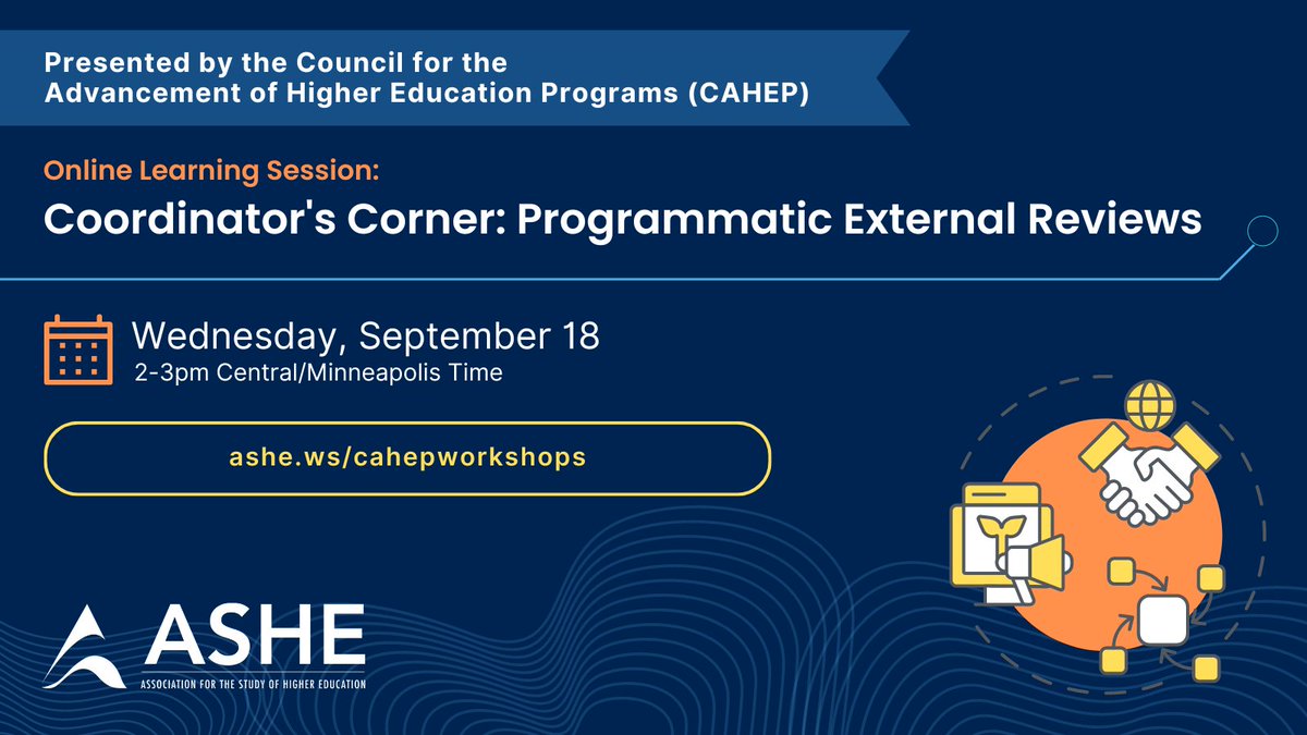 Today’s the day!
Join @CAHEPASHE's Coordinator's Corner: Programmatic External Reviews at 2-3pm Central time for practical insights on external review processes.

📍 Presented by: Paul Eaton &amp; @ErinDoran_EdD
🔗 Register: ashe.ws/cahepworkshops