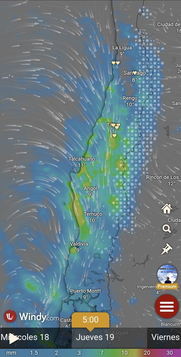 Aviso. Evento con características de temporal.

Entre noche del miércoles y tarde del jueves la lluvia estará acompañada de ráfagas de viento sobre 50-70 km/hr entre costa de O'Higgins a Araucanía. 30-50 km/hr en costa de Valparaíso.
En sectores de la RM no descartes ráfagas