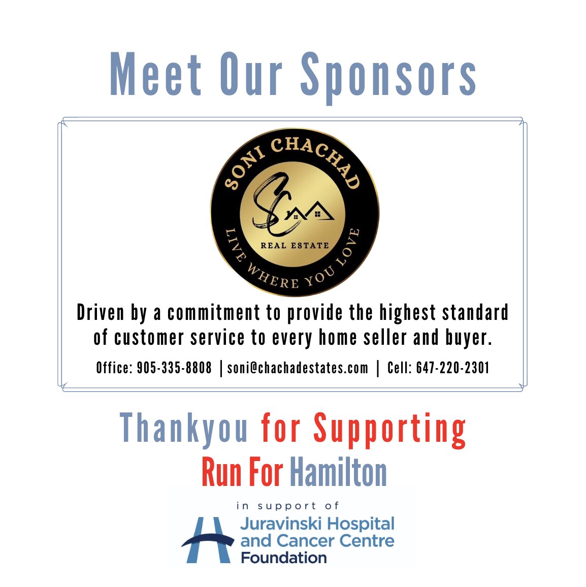 Run For Hamilton (@runfor_hamilton) on Twitter photo Meet o sponsor: Soni Chachad
Driven by a commitment to provide the highest standard of customer service to every home seller and buyer.
Cell Phone: 647-220-2301
Office Phone: 905-335-8808
soni@chachadestates.com
chachadestates.com
<a href="/ChachadSoni/">Soni Chachad</a>
#GivingBack #RunForHamilton Meet o sponsor: Soni Chachad
Driven by a commitment to provide the highest standard of customer service to every home seller and buyer.
Cell Phone: 647-220-2301
Office Phone: 905-335-8808
soni@chachadestates.com
chachadestates.com
<a href="/ChachadSoni/">Soni Chachad</a>
#GivingBack #RunForHamilton