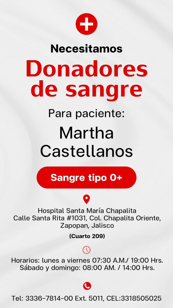 Trafico_ZMG's tweet image. Se necesitan donadores de sangre O+ para Martha Castellanos quien está en el Hospital Santa María Chapalita

#ServicioSocial