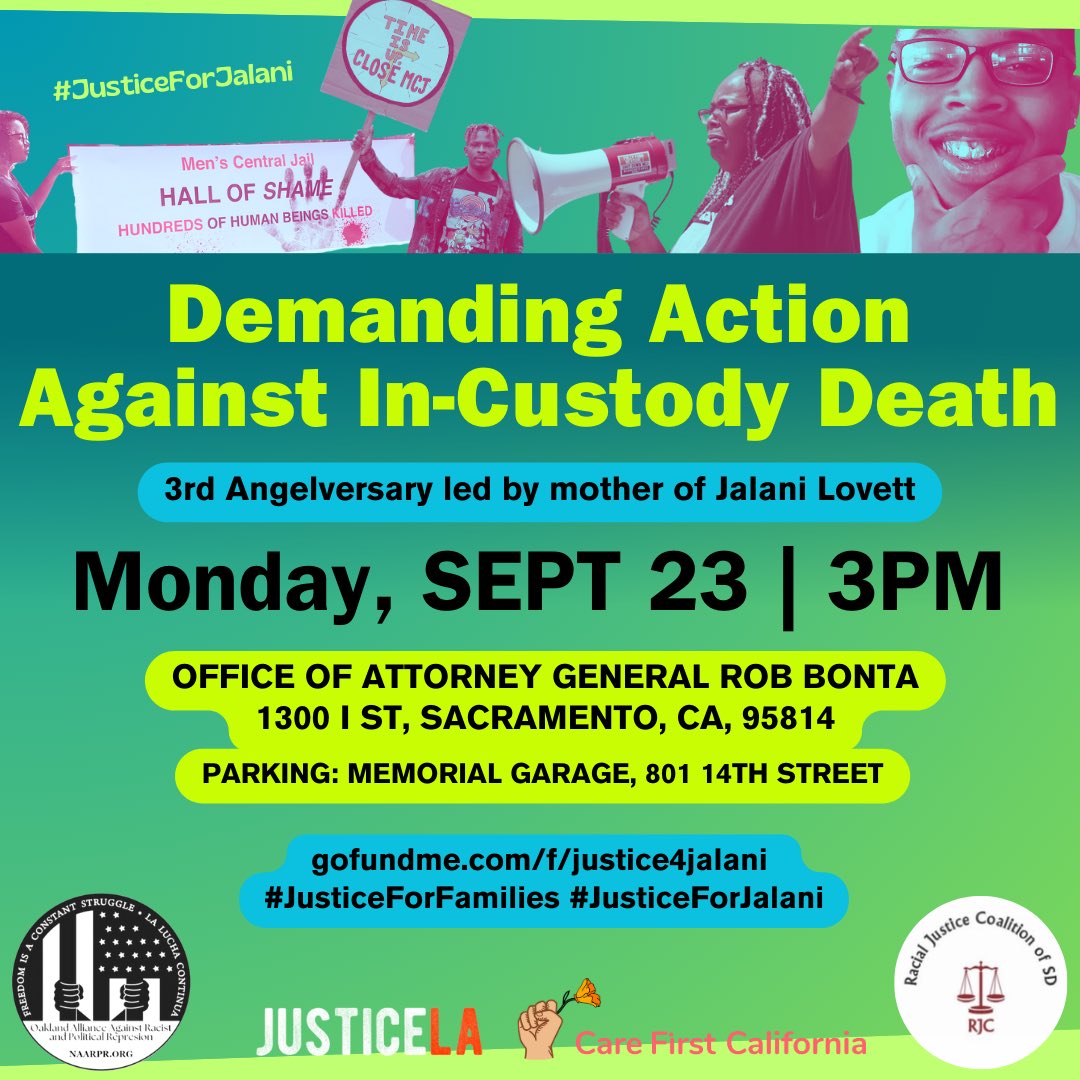 JUSTICE FOR FAMILIES IMPACTED BY POLICE VIOLENCE🗣️ The AG refuses to investigate or meet with families. Families deserve more.

Join us on 📌Monday, Sept 23 at 3pm📌 to demand justice for Jalani Lovett and all victims of police violence.

📍 Office of attorney general Rob Bonta