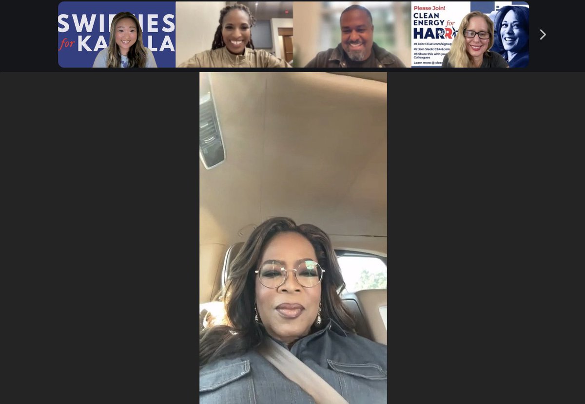 being on a planning call where <a href="/Oprah/">Oprah Winfrey</a> makes a surprise appearance wasn’t on my bingo card 😭 

so excited for @Swifties4Kamala to join <a href="/JotakaEaddy/">Jotaka Eaddy</a> <a href="/WinWithBLKWomen/">Win With Black Women</a> <a href="/WomenExecs4KH/">Women Executives Building Opportunities</a> @DadsForKamala24 @MenforHarris47 &amp; so many others this Thursday at 8pm ET for #UniteForAmerica 🫶