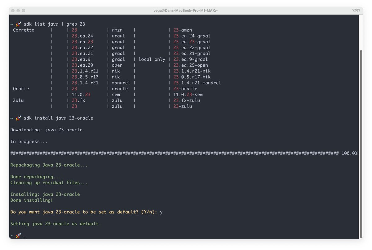 therealdanvega's tweet image. JDK 23 starting to hit @sdkman_  🤩 #Java #Java23