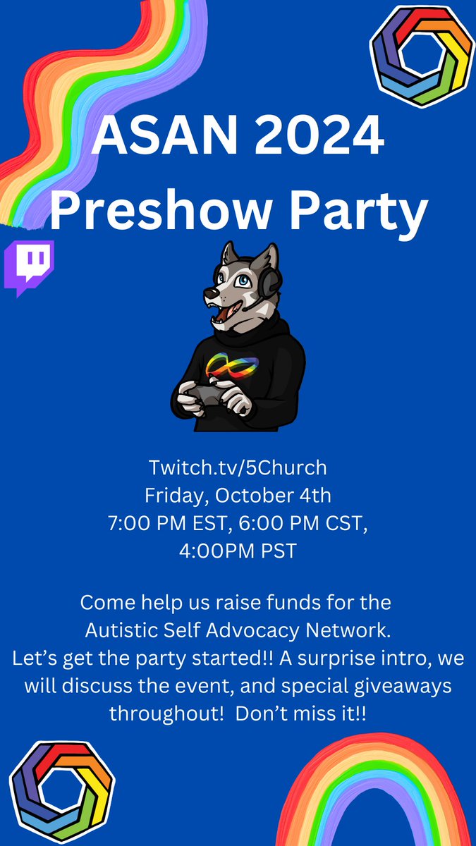 5Cgaming's tweet image. Join us for a fantastic charity event from October 4th to 6th! We have plenty of giveaways and exciting activities for everyone. We can’t wait to see you there! All funds will 100% go to ASAN @autselfadvocacy #Autism #charity #twitch #twitchcharity