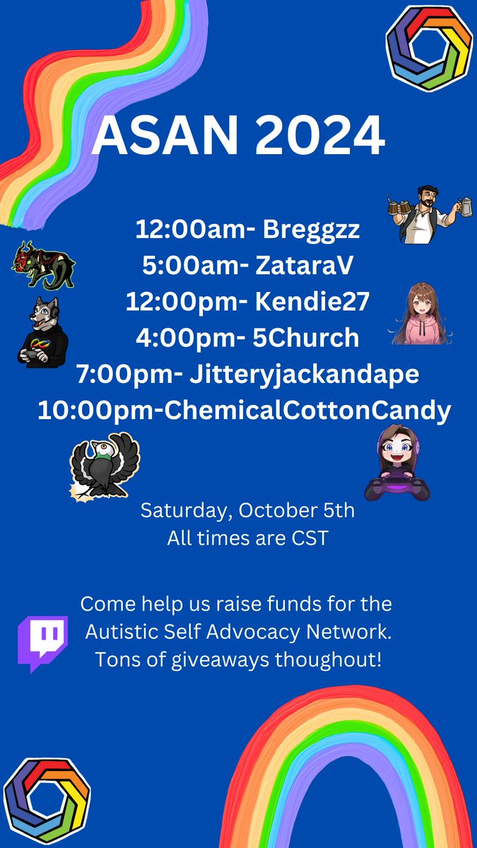 5Cgaming's tweet image. Join us for a fantastic charity event from October 4th to 6th! We have plenty of giveaways and exciting activities for everyone. We can’t wait to see you there! All funds will 100% go to ASAN @autselfadvocacy #Autism #charity #twitch #twitchcharity
